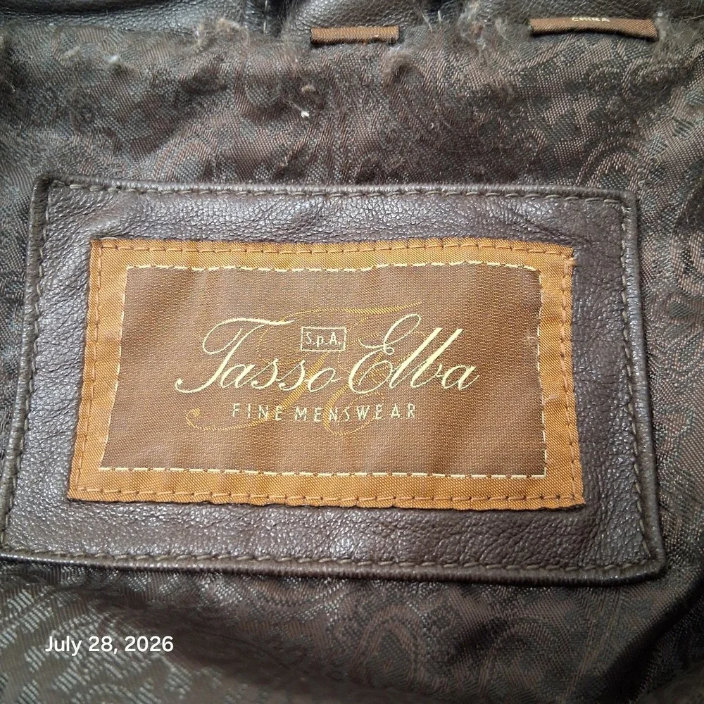 Tasso Elba Mens XL Brown Leather Bomber Jacket Full Zip Ribbed Waist Y2K Lined